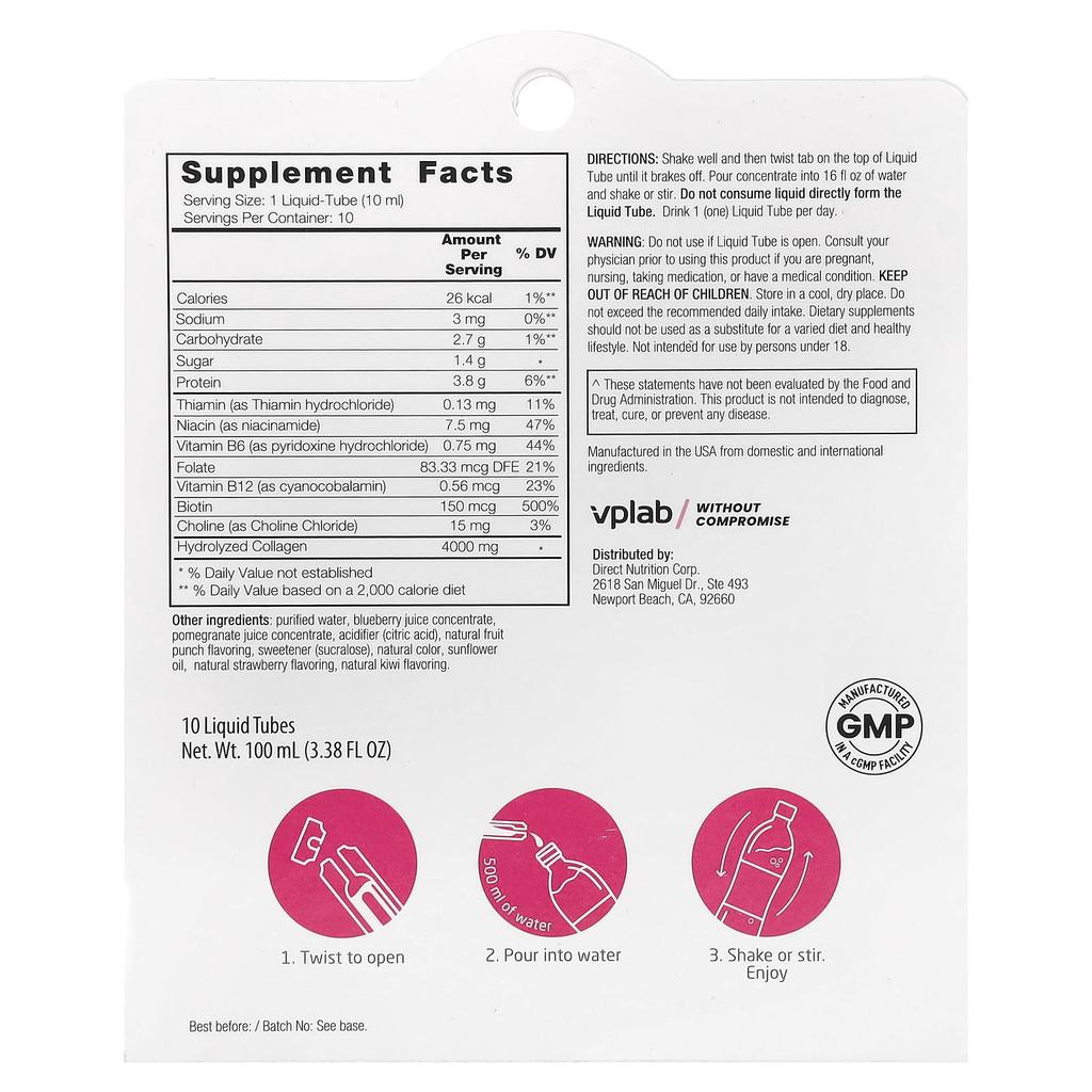 Vplab Ultra Women's Beauty Collagen Liquid, Tropical Fruit, Strawberry & Kiwi, 4,000 Mg, 10 Liquid Tubes, 3.38 Fl Oz (100 Ml)