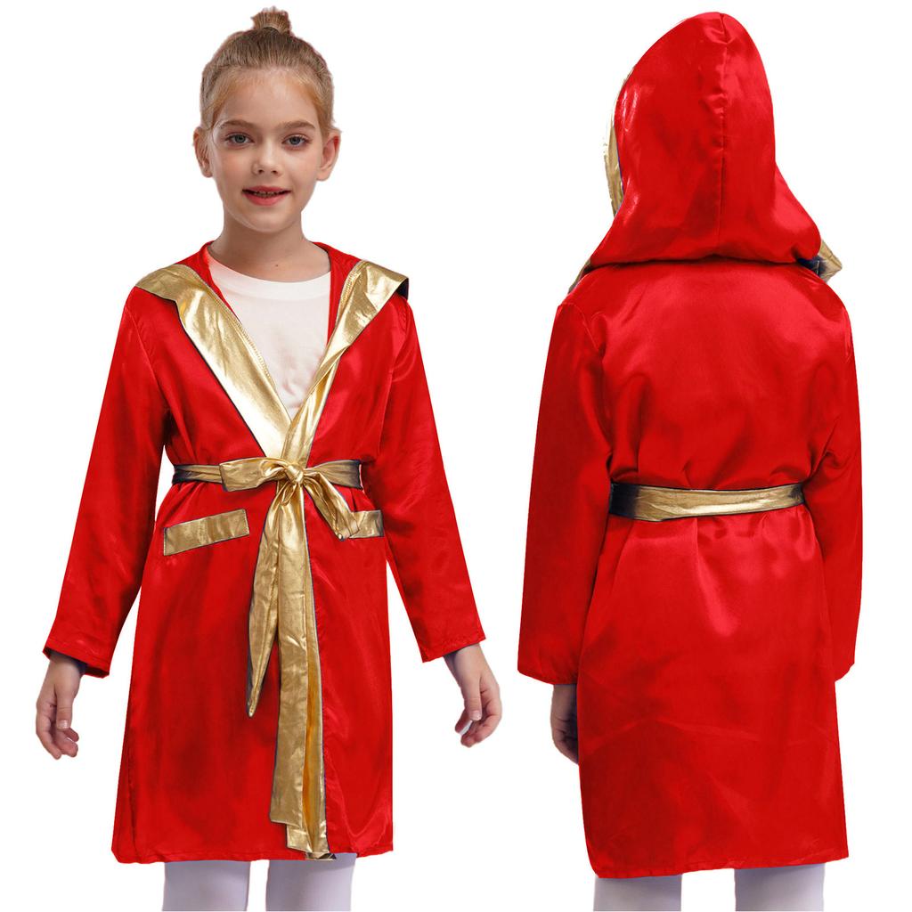 Kids Boys Boxing Robe Thai Kickboxing Costume Long Sleeve Open Front Hoodie Cloak with Belt Workout Sports Fitness Joggers