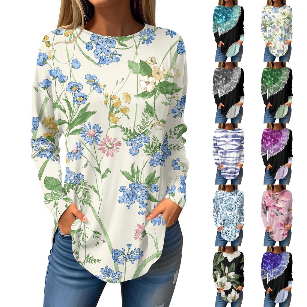 Женская свободная футболка с круглым вырезом и цветочным принтом, длинный рукав, топ, пуловер, длинный рукав