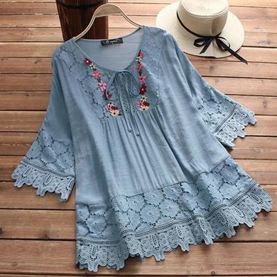 Летняя хлопково-льняная кружевная блузка для женщин 2024, свободная белая рубашка с v-образным вырезом, женские винтажные топы с расклешенными рукавами, 30659