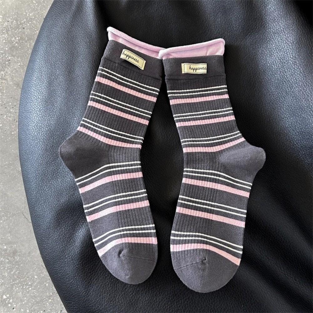 Fake Two-Piece Design Mid-Calf Socks Soft Knit Texture Knitted Socks Fall Winter Season