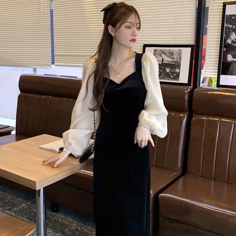 Autumn Winter Square Collar Patchwork Vintage Dress Women Lantern Long Sleeve Elegant Fashion Robe Vestidos