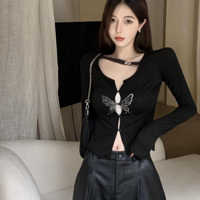 2KWEIRD Gothic Butterfly Print T-shirt Grunge Fairycore Hollow Out Crop Tops Japanese Harajuku Slim Tshirt Y2k Aesthetics Dark