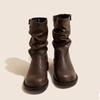 Korean Thick Heel Small Short Boots Women's 2025 New Spring and Autumn Brown Retro Round Head Pleated Piled Boots Medium Tube Martin Boots