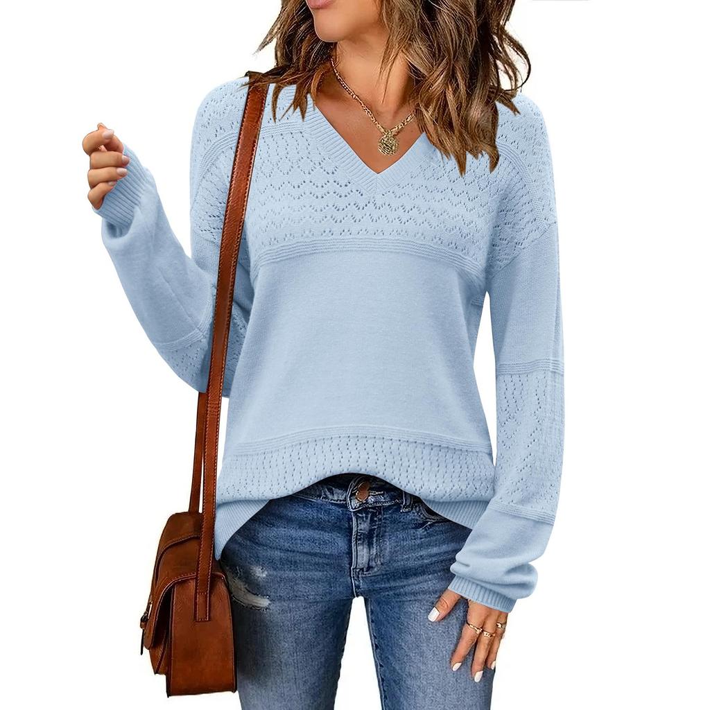Women's Loose Knitted Sweater With V-Neck Hollowed Out Pullover Long Sleeved Solid Color Top