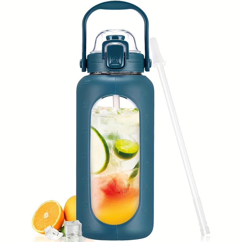 64oz Glass Water Bottles With Straw And Lid Half Gallon Water Bottle With Time Marker Leakproof Glass Water Bottles With Silicone Sleeve