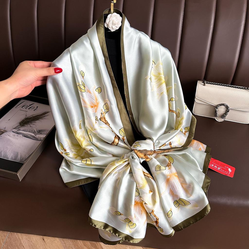 Long Silk Scarf Spring and Summer Thin Style Printed Scarf Beautiful Brocade Lotus Shawl Imitation Silk Scarf Gauze Scarf
