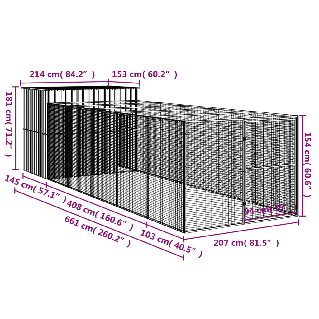 Dog House with Run Light Grey 214 x 661 x 181 cm Galvanized Steel