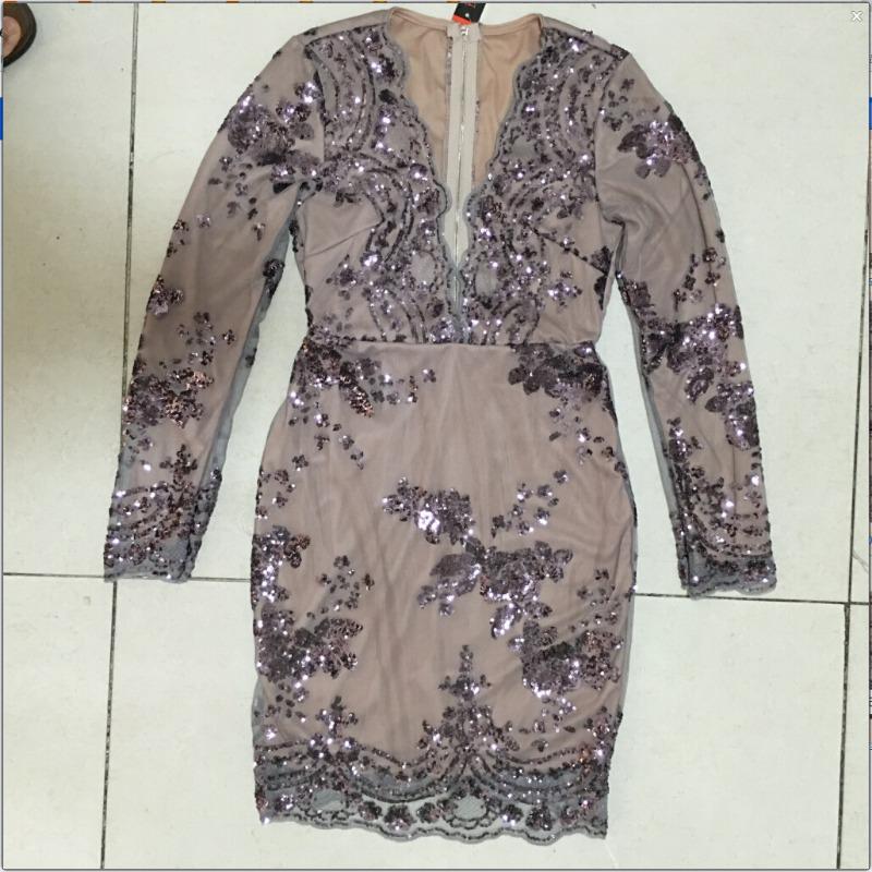Women's Sexy Deep V Sequins Long Sleeve Dresses