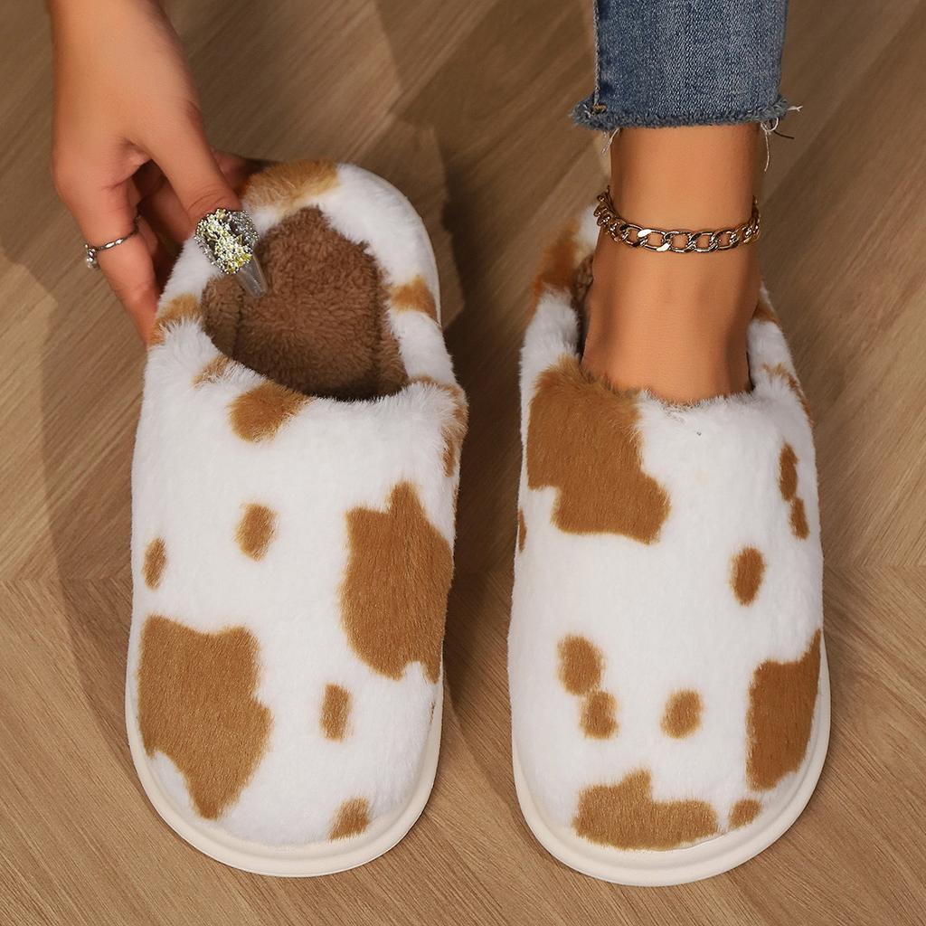 Fashion Shevalues Cute Plush Cotton Slippers For Women Winter Warm Cozy Furry Milk Cow Slides Indoor Non-slip Soft Fluffy House Slippers