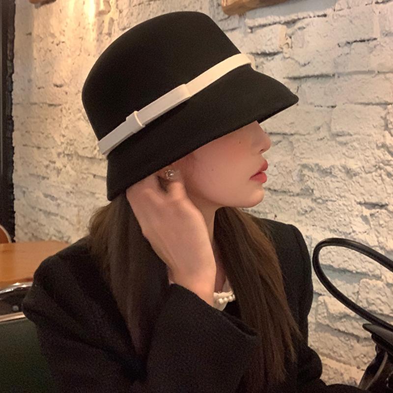 Autumn Winter French Bow Bucket Hat Women Sweet Felt Hat With Folded Shape