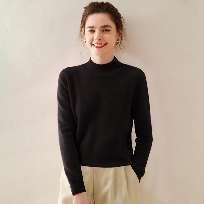 Women's Soft Cashmere Half-High Collar Sweater - Cozy, Loose-Fit, Solid Color, Gentle Style for Autumn/Winter.