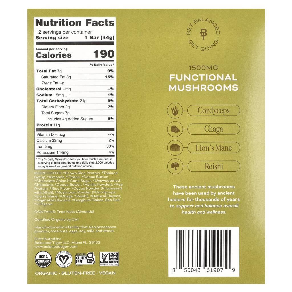 Balanced Tiger Protein Bar, Mint Chocolate Chip, 12 Bars, 1.55 Oz (44 G) Each