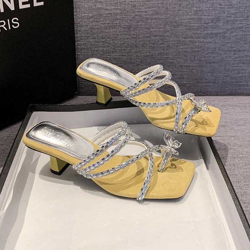 Slippers Women's Outer Wear 2025 Summer New Rhinestone Thick Heel with Skirt High Heel Word with Bow Cool Slippers Women