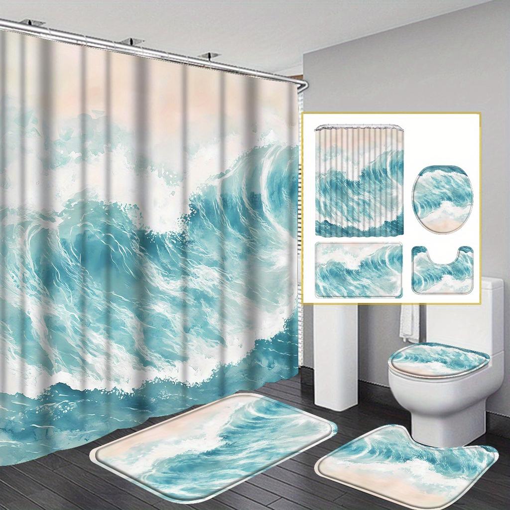 4pcs Luxury Abstract Ocean Wave Waterproof Shower Curtain Set Decorative Bathroom Set Non-Slip Carpet Toilet Cover Bath Mat And 12 Hooks