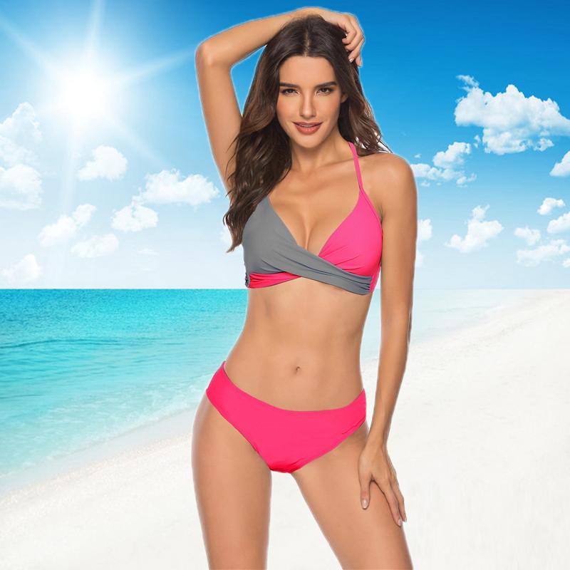 Новый сексуальный бикини, однотонный женский купальник, комплект бикини с пуш-ап, купальник, пляжная одежда, большой размер, купальный костюм с высокой талией