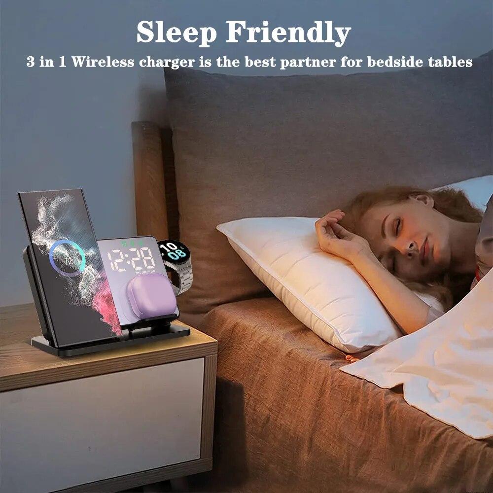 Беспроводное зарядное устройство 3 в 1 для Samsung Galaxy Watch 6 5 Pro, станция быстрой зарядки для Galaxy S23 S22 S21, зарядные устройства для будильника, подставка