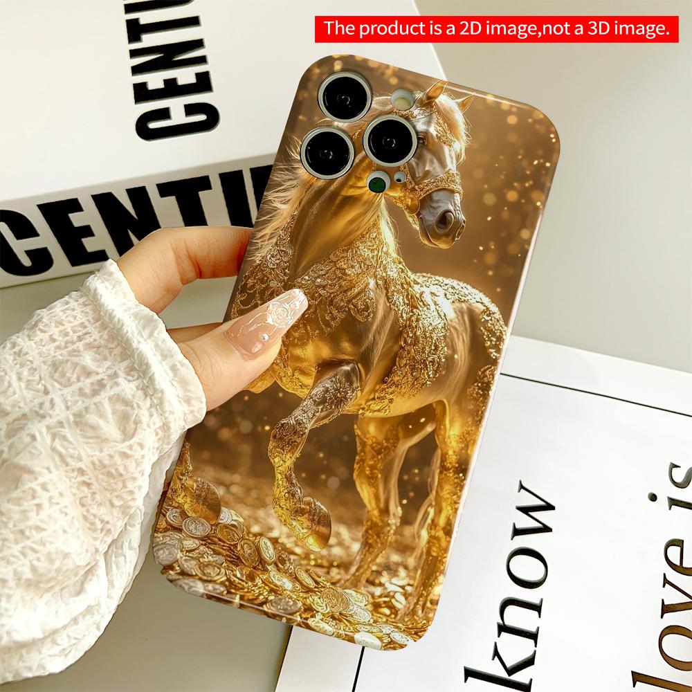 2DFlat Golden Horse Amid Coins Luxury Phone Case All inclusive film hard phone case, compatible with iPhone 18 Pro Max 17 16 15 14 13 12 11