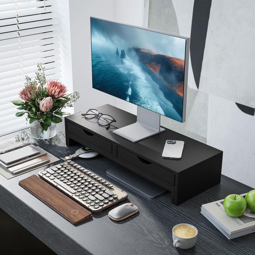 PC Monitor Riser, 60-116 cm, 2 Drawers, Adjustable Length and Angle, Black