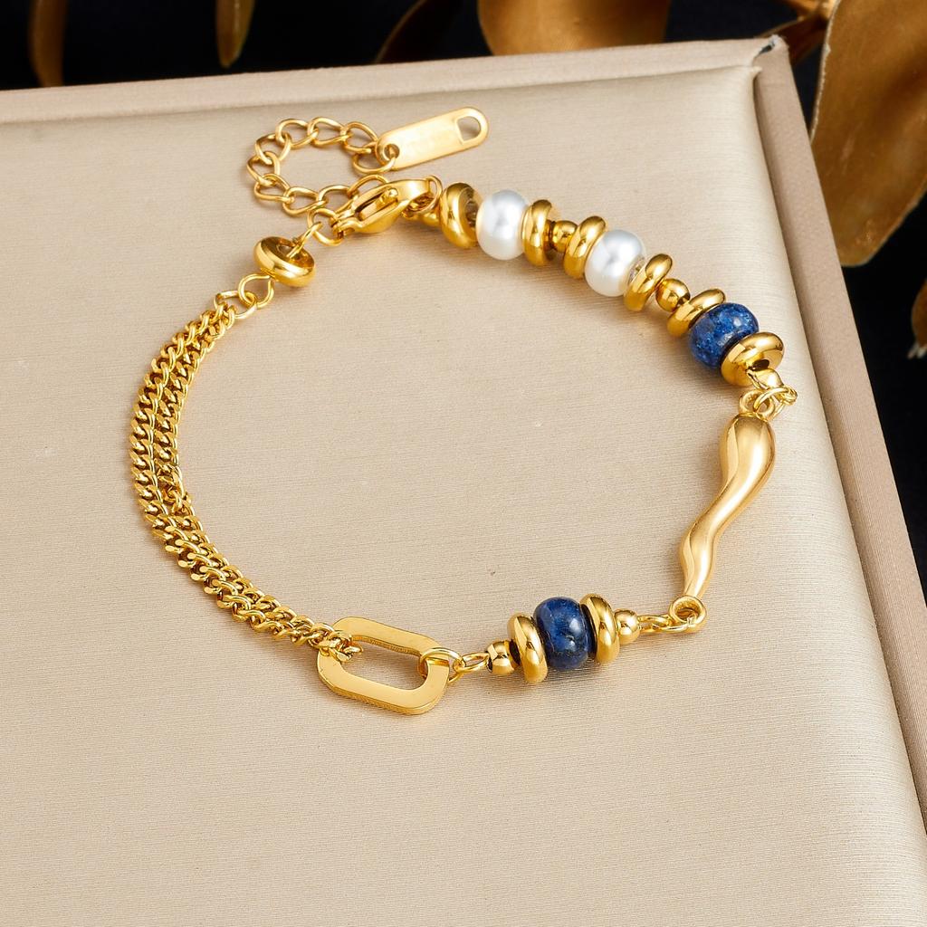 Fashionable retro niche irregular beaded bracelet, versatile and high-end, made of lapis lazuli, pearls, and stainless steel