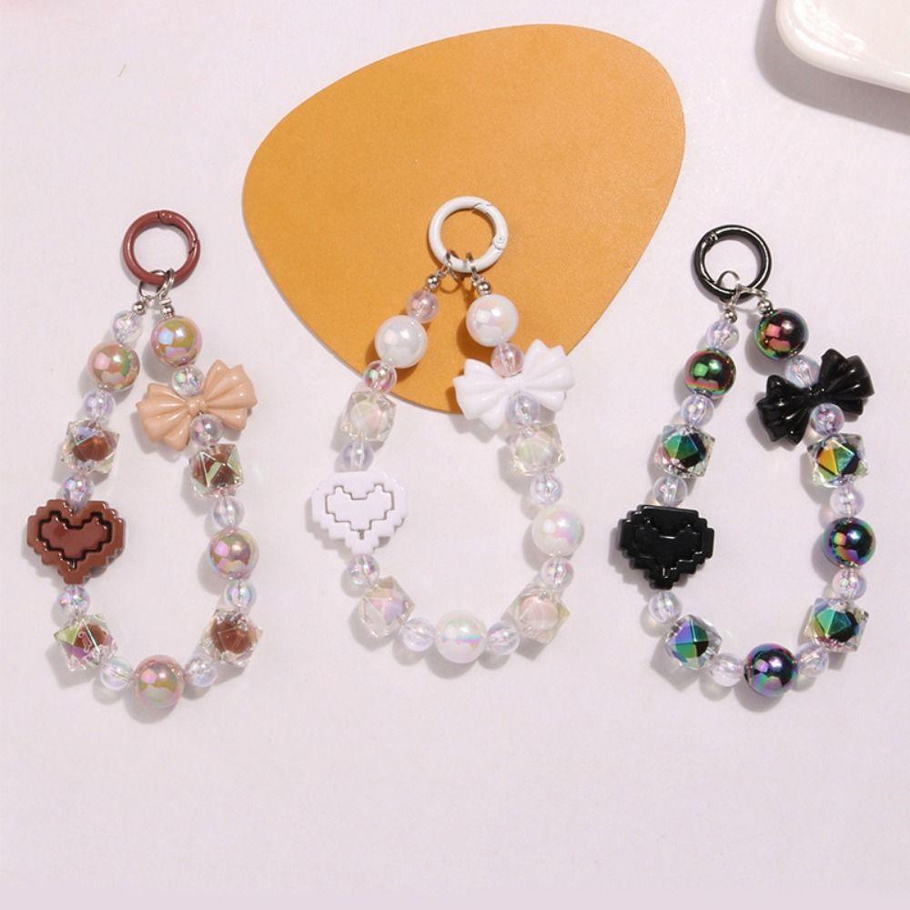 Acrylic Beaded Wrist Strap Lanyard Bowknot Phone Pendant Sweet Keychain Bag Chain  Women