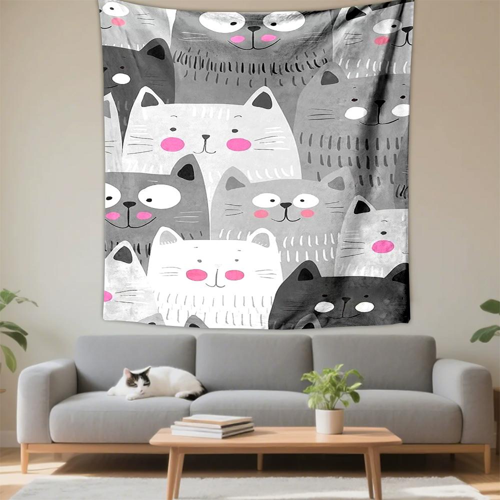 Cute cartoon gray white cats with pink cheeks Patterned tapestry for bedroom and living room home decor sofas