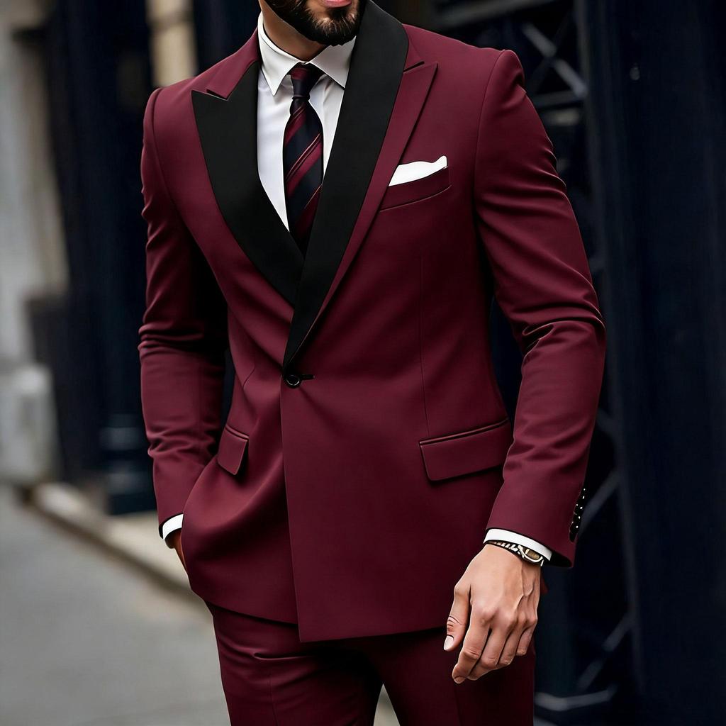 Уникальный дизайн лацканов Мужские костюмы 2 предмета Комплекты пиджак и брюки Одна пуговица Складки Элегантный пиджак Свадебный Жених Мужская одежда