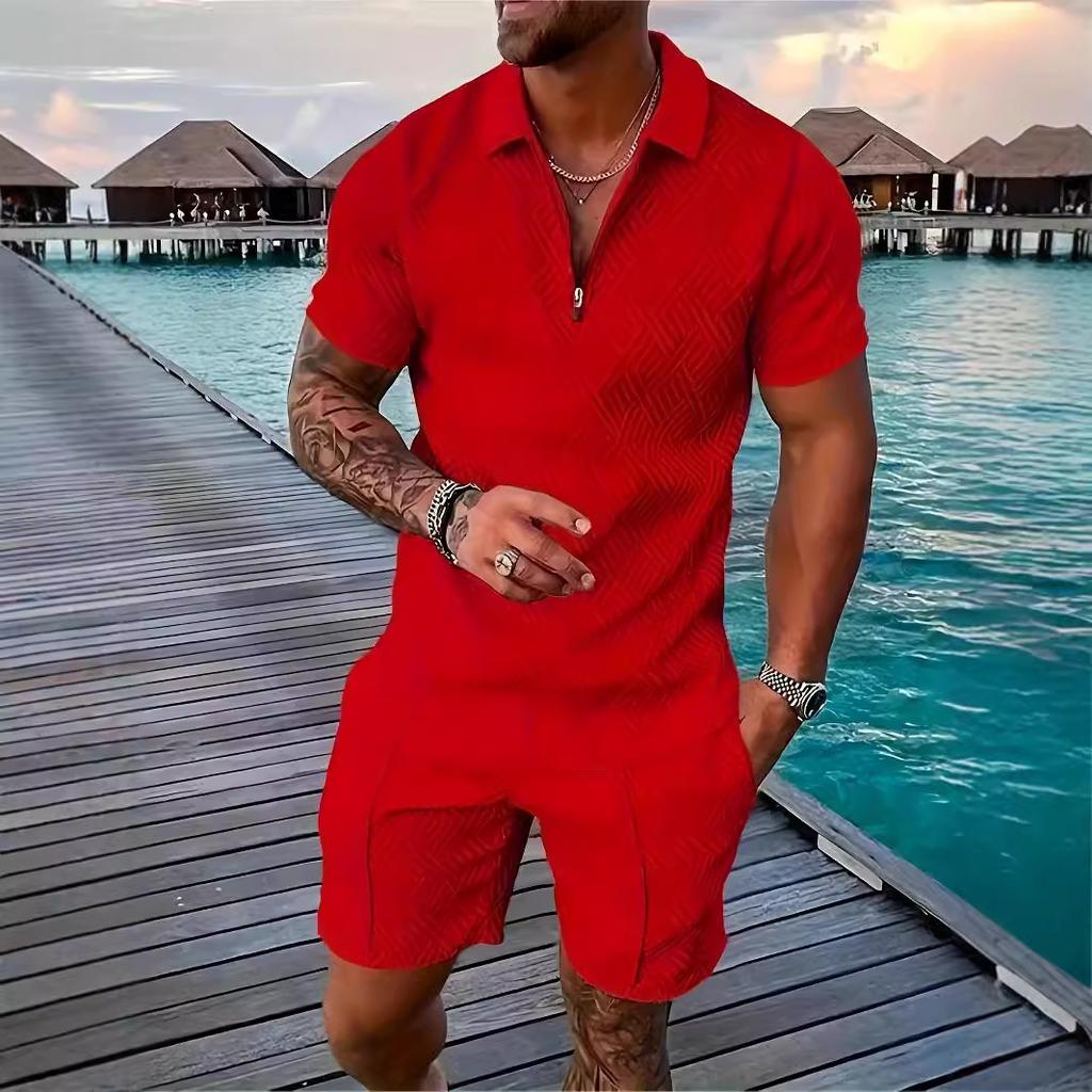 Мужской повседневный костюм с тропическим принтом - черная рубашка с коротким рукавом на молнии и белые шорты с карманами, полиэстер, машинная стирка