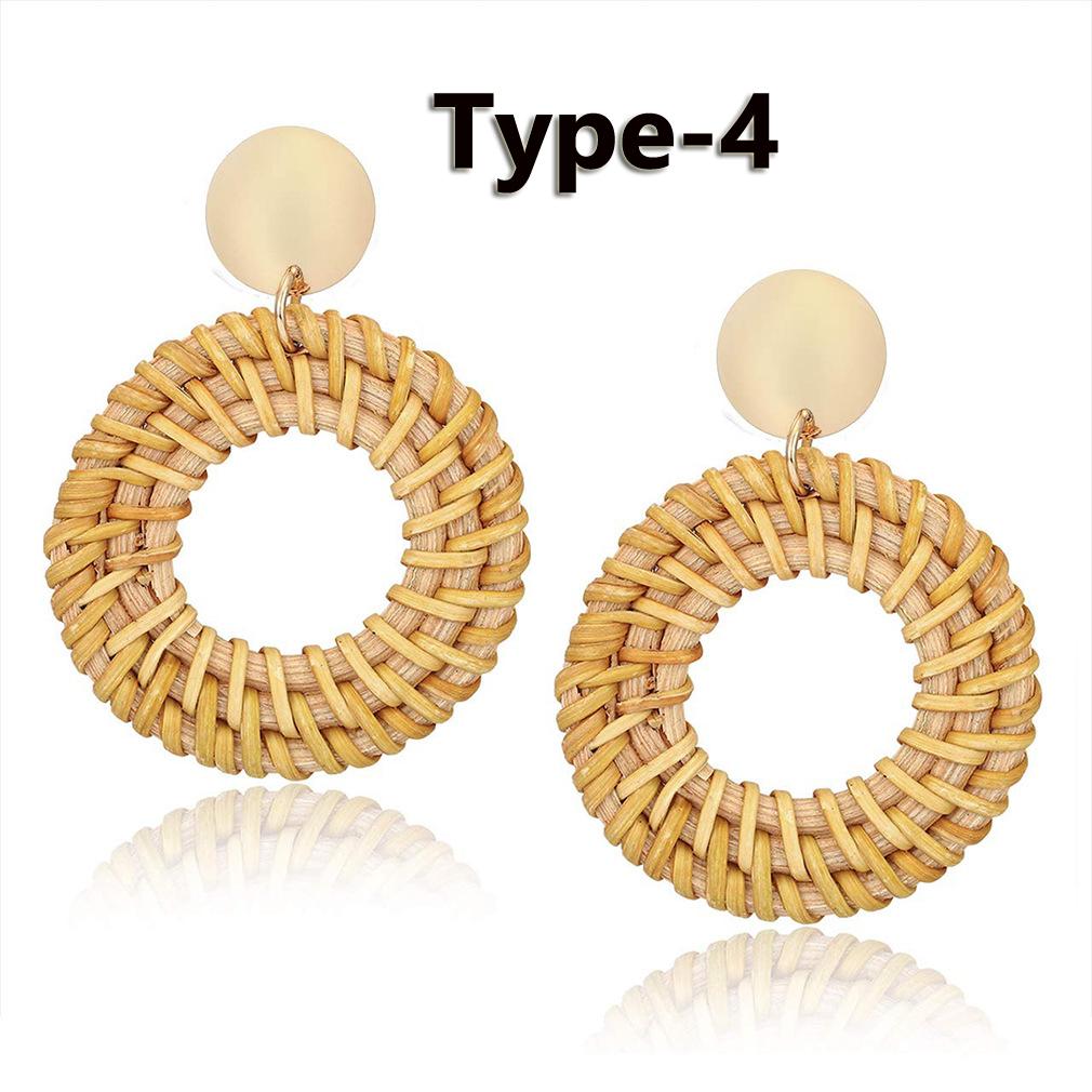 Bohemian Straw Hoop Earrings Natural Raffia Wicker Rattan Earrings for Women Summer Beach Party Festival Zircon