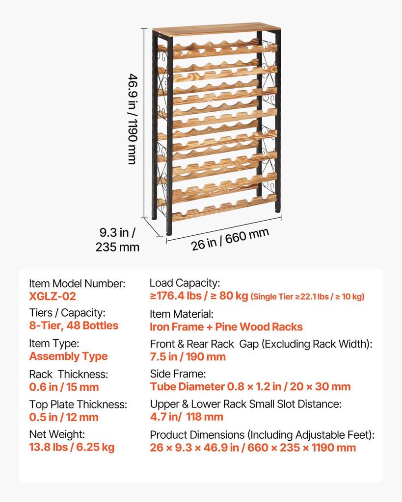 48 Bottle Wine Rack,8-Tier Iron Wine Bottle Holder With Wood Table Top,Freestanding Floor Display Wine Storage Shelves,For Kitchen Pantry, Cellar,