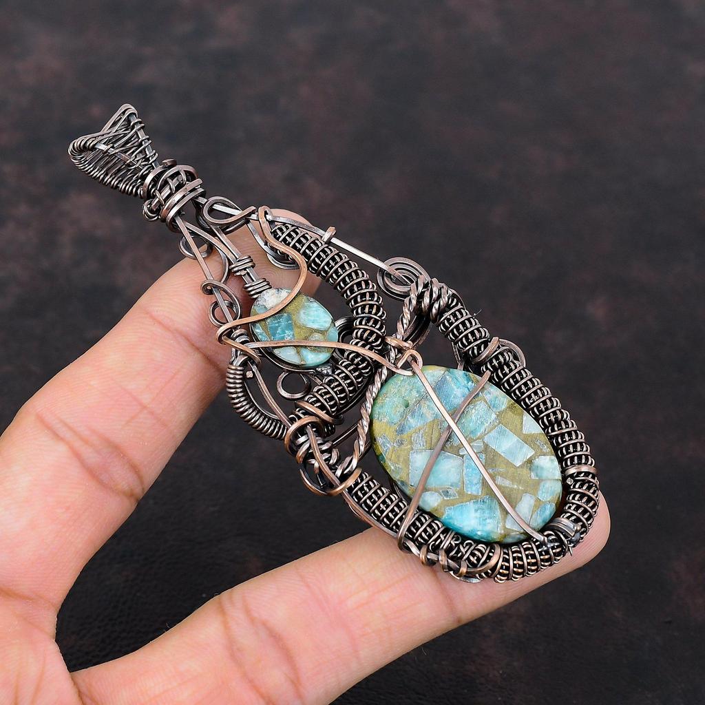 Медный амазонитовый кулон, обернутый медной проволокой, драгоценный камень, ювелирные изделия ручной работы, достойный кулон, амазонитовые украшения для подарка, ювелирные изделия из медной проволоки