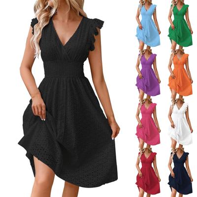 Женские модные повседневные платья с оборками на рукавах, средней длины, V-образным вырезом, кружевными ажурными вставками, однотонные