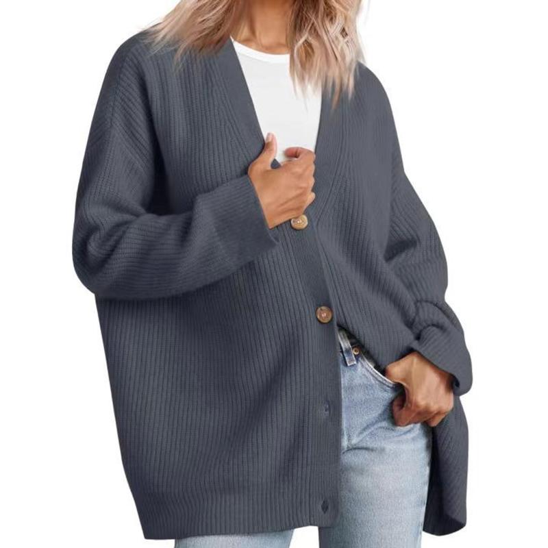 Women’s Casual Solid Knitted Cardigan Sweater V-neck Long Sleeve Button Down Warm Sweater for Lady Soft Comfortable Warm Simple Sweater