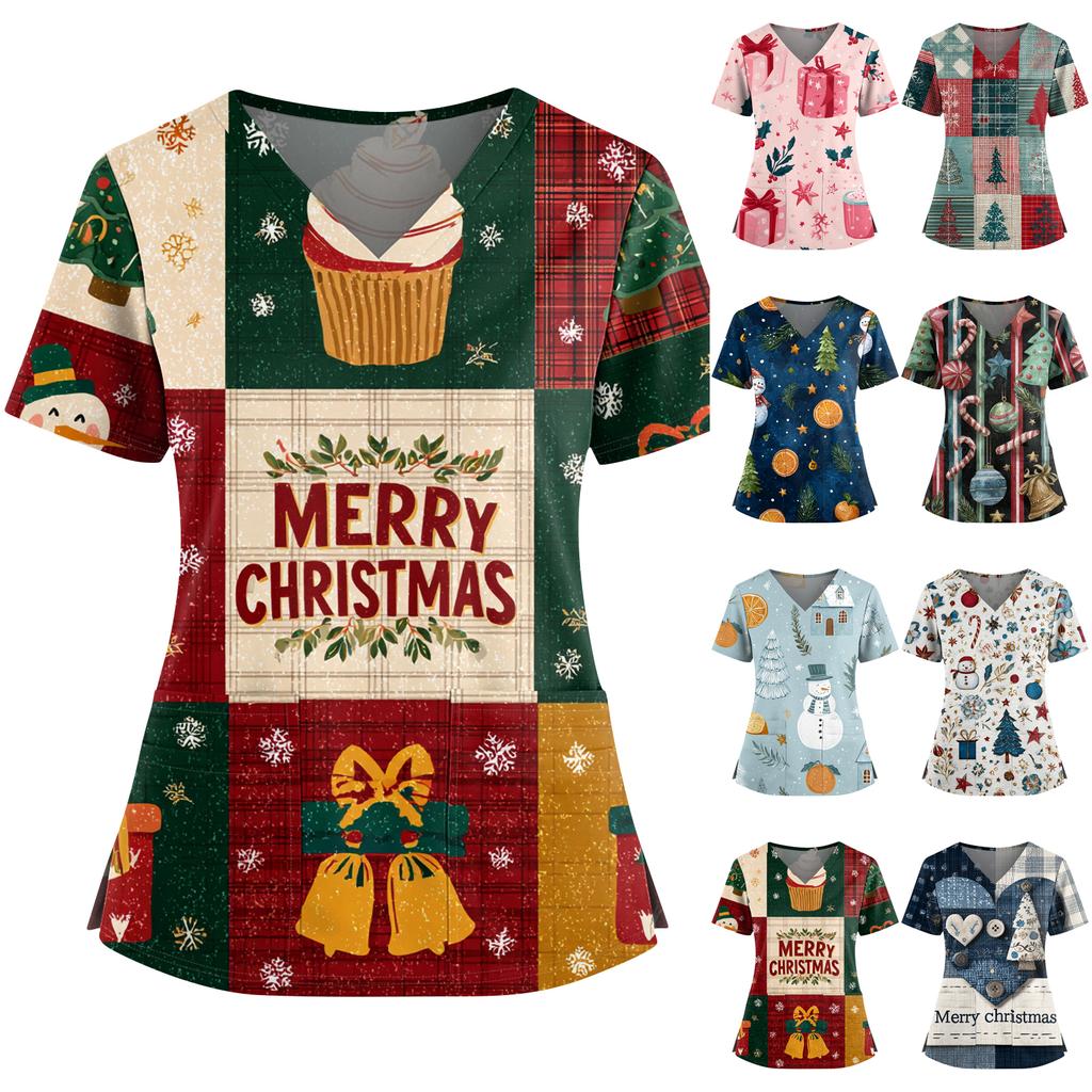 Women's Christmas Print V-Neck Double Pocket Short Sleeves Hem Slit Uniform And Caregiver Top