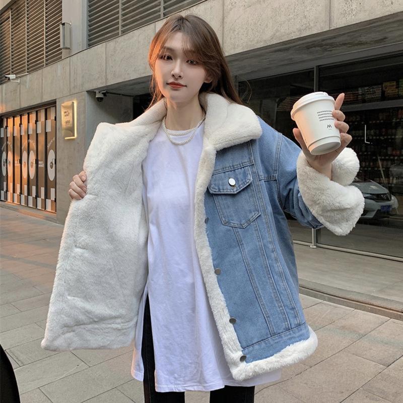 Plush Denim Jacket Women's Winter European Station Korean Version Loose and Thick Warm Small Denim Jacket Cotton Jacket Cotton Jacket