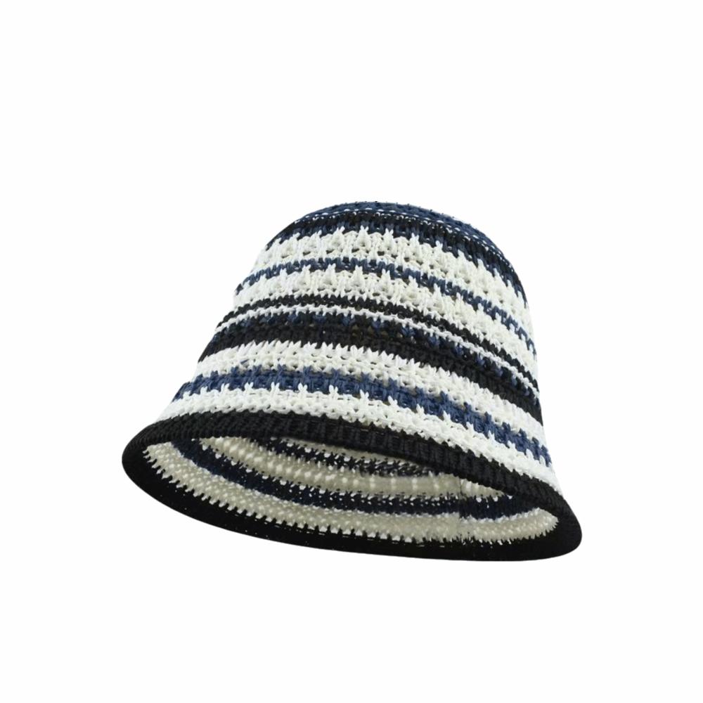 Striped Knitted Hollow Fisherman Hat UV Protection Breathable Straw Bucket Cap Big Eaves Multicolor Thin Sunshade Hat Travel