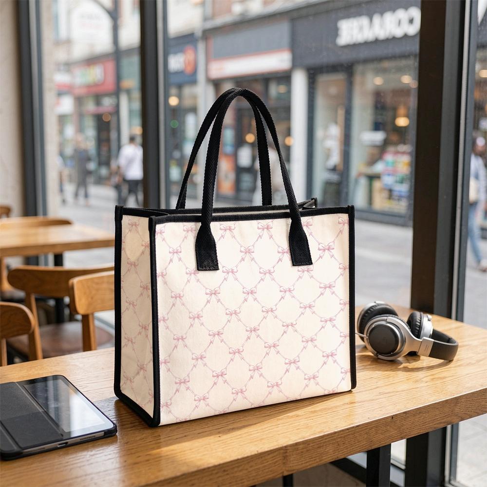 Cute Pink Bow Print Tote Bag Casual Large Capacity Daily Commute Shopping Handbag for Women