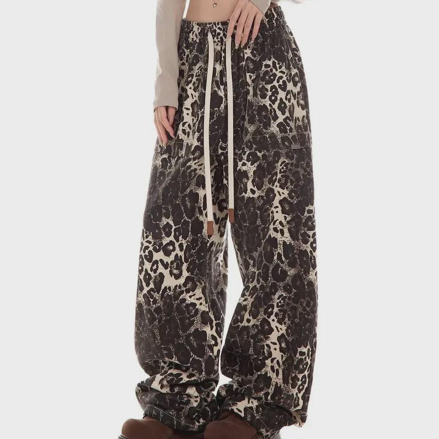Женский комбинезон в стиле ретро с леопардовым принтом 2024 года в стиле хип-хоп — модные свободные повседневные брюки для уличных танцев