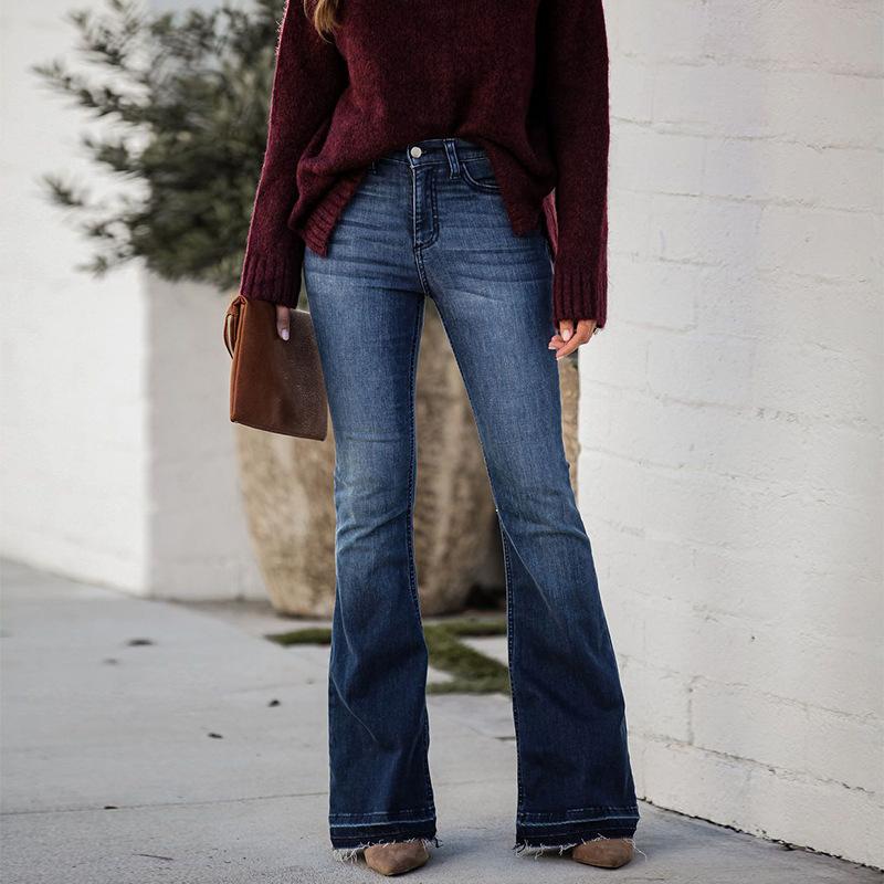 Весенне-осенне-летние женские джинсы, модные брюки, узкие эластичные расклешенные брюки с необработанными краями