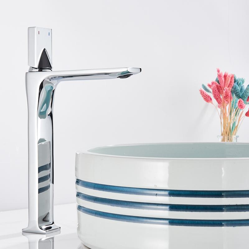 Bathroom Basin Sink Faucet Deck Mounted Square Brass Tall Mixer Single Handle Hot and Cold Water Mixer Tap