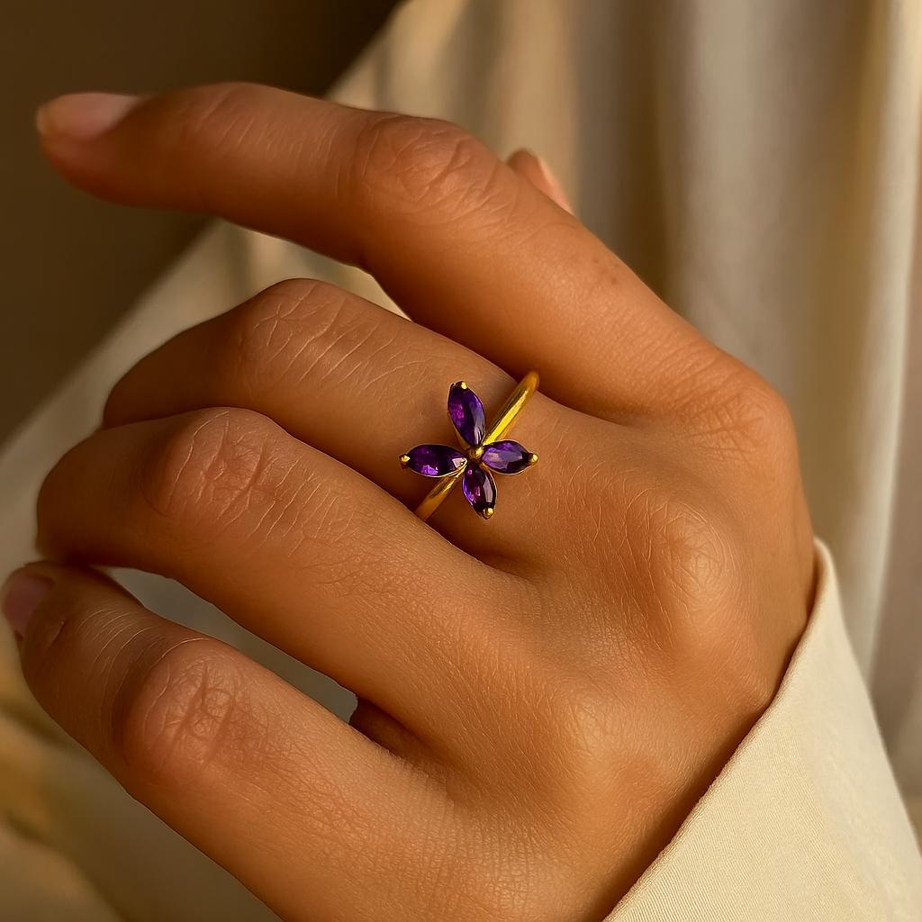 Кольцо для женщин в форме фиолетового аметиста, в виде цветка, с золотым покрытием – Элегантные цветочные украшения