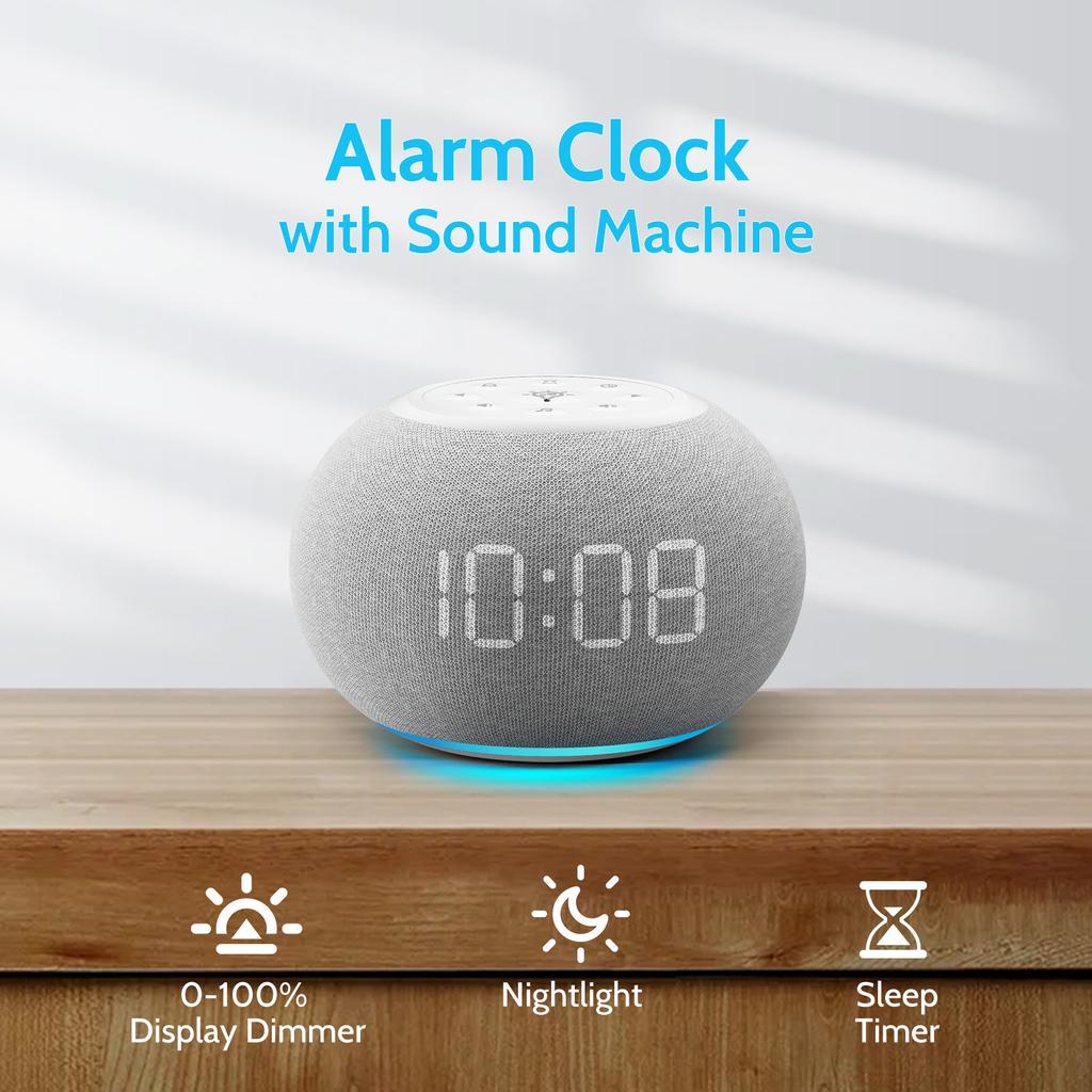 Многофункциональный будильник, автоматическое затемнение звука, 20 успокаивающих звуков, светодиодный цифровой дисплей, таймер сна, точная регулировка громкости