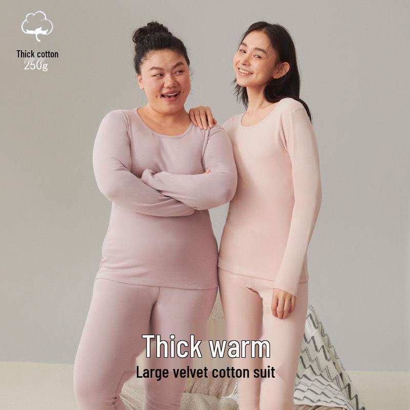 Женский комплект термобелья большого размера из двухсторонней фланели - Чистый хлопок, Толстый базовый слой с круглым вырезом для осени и зимы