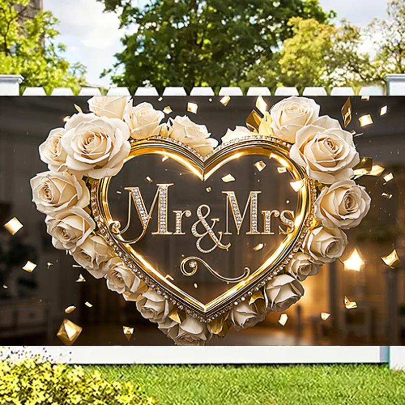 1 шт. Свадебный фон Mr&Mrs с белыми розами и золотыми сердцами, настенный декор для фотосъемки, вечеринки, плаката на день рождения, годовщину для улицы и помещения