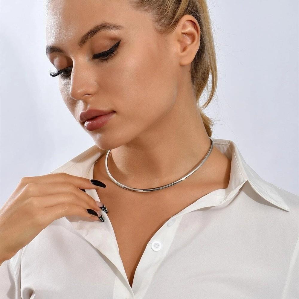 Silver Round Collar Neck Ring Metal Round Necklace Punk Choker Jewelry  Gift