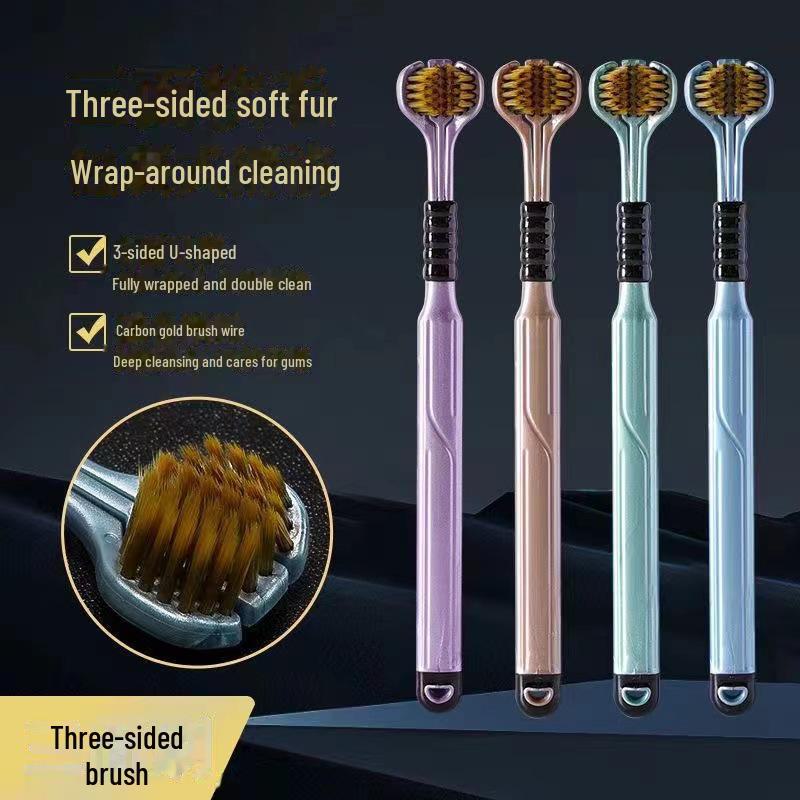 Зубная щетка для взрослых с тройной антибактериальной головкой 360°: Очищает зубы и язык, Мягкая щетина, Семейная упаковка