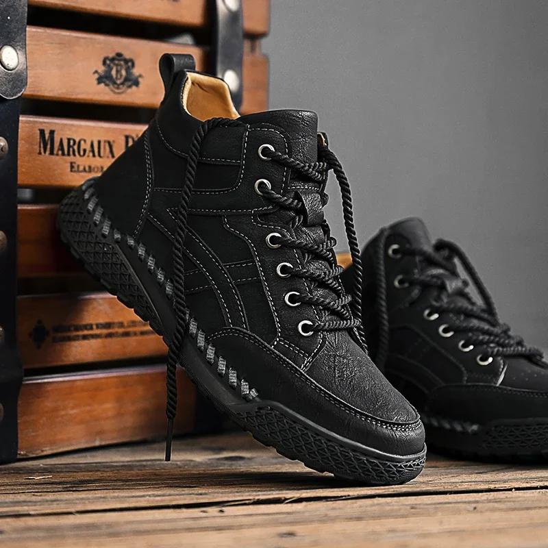 Fashion New 2024 Stylish Men Handmade Casual Leather Basic Boots Outdoor Antiskid Flat Design Hiking Sneakers Comfy Lace-Up Ankle Boots