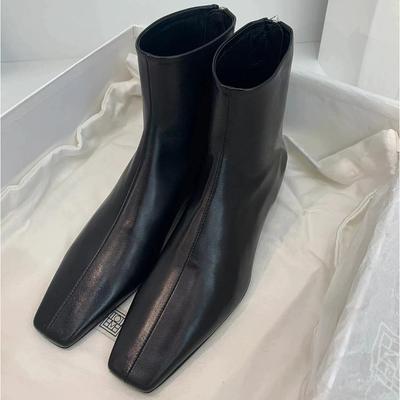 Женские кожаные ботинки Осень Зимачерные Ботильоны Новые Бархатные Задняя молния Квадратный носок Узкие туфли Женские Низкий каблук Короткие ботинки