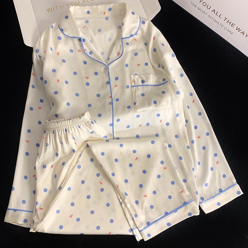 Spring and Autumn Ice Silk Pajamas Homewear Set Girls Fresh Long Sleeve Long Pants Premium Feeling Pajamas Homewear Set