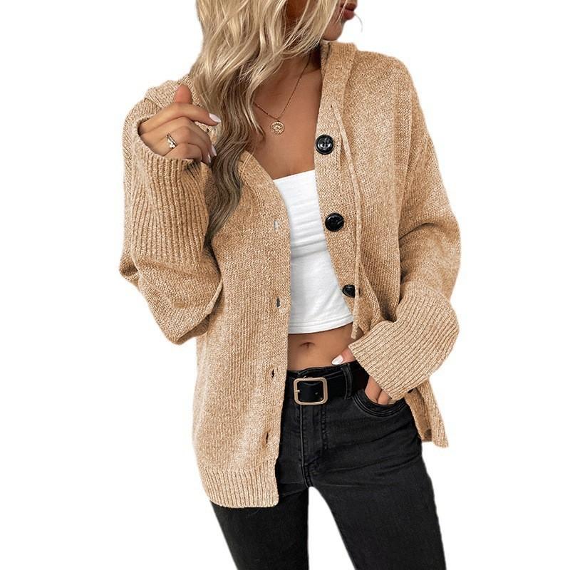 IHUASU Autumn Winter Drawstring Knit Cardigan Coat Female Solid Color Hooded Single Breasted Sweater Female